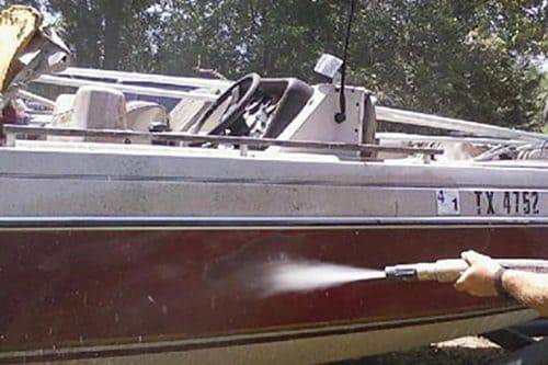 Boat hull blasted clean on the hardstand in Perth